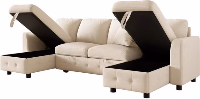 Divano moderno a U in ciniglia beige con funzione letto, 2 chaise longue contenitore, porta USB e Type-C, 260×128×82 cm