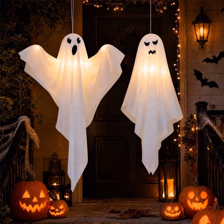 Set da 2 decorazioni per finestre a forma di fantasmi per Halloween, con luci LED, dimensioni 50x60 cm