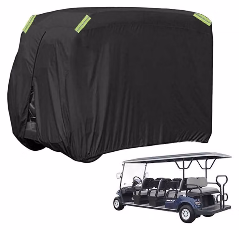 Copertura per golf car con 8 posti, resistente alle intemperie, realizzata in poliestere 210D con protezione UV, strisce riflettenti e chiusura a zip. Dimensioni: 436x121x167 cm
