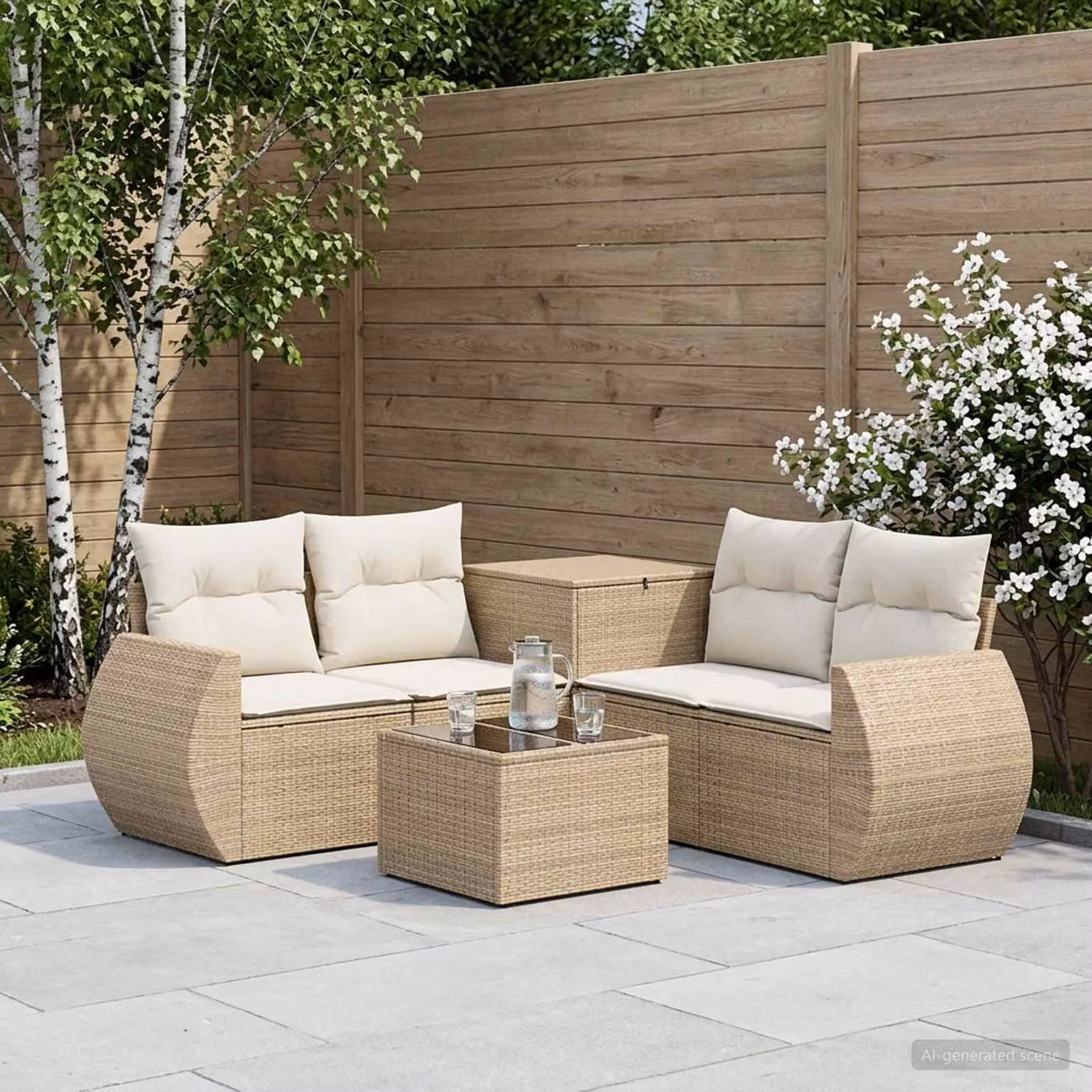 Set di divani da giardino vidaXL in polyrattan con forma a L, 6 pezzi, beige e bianco crema, con cuscini e tavolino da caffè incluso