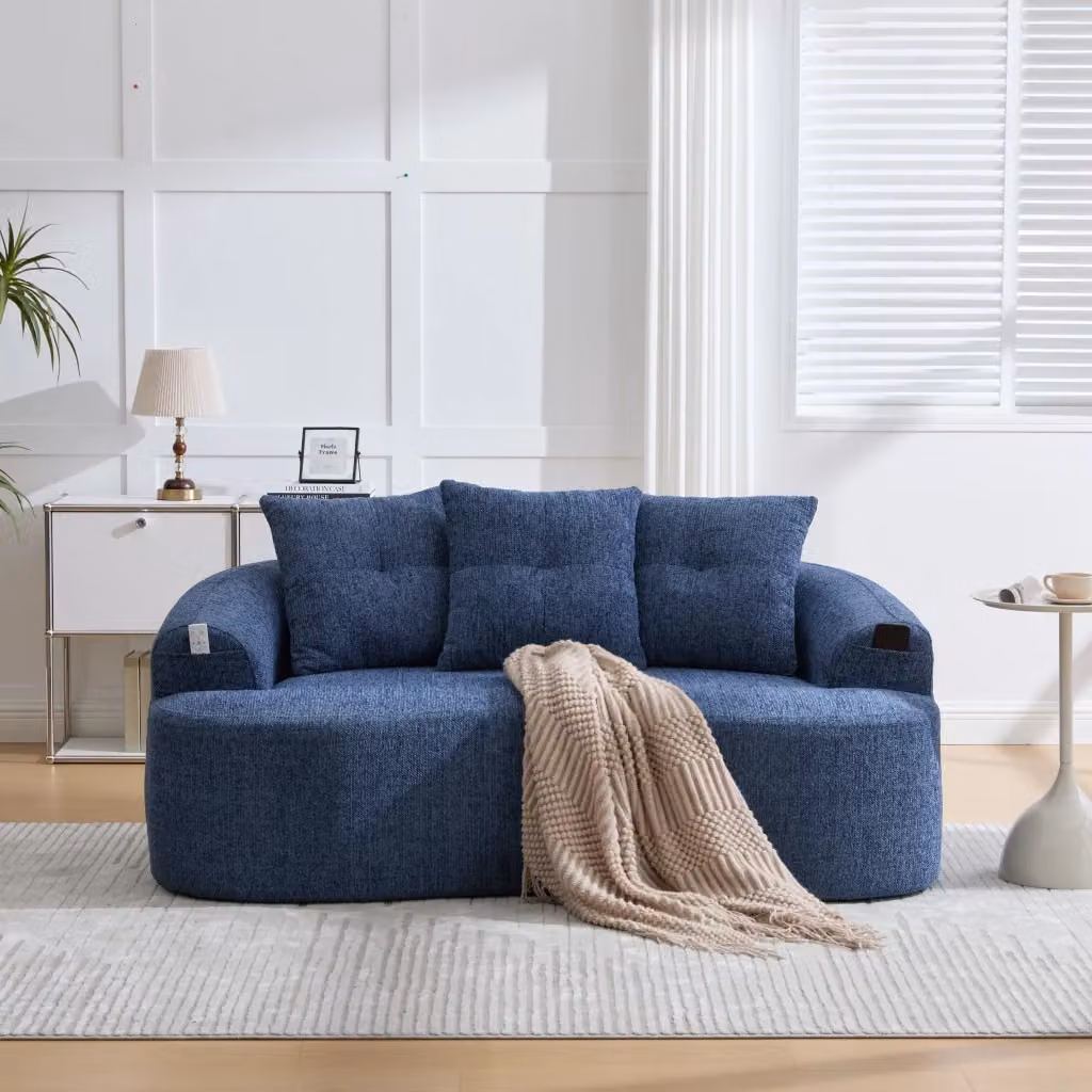 Divano a 2 posti moderno in ciniglia blu con seduta profonda e molle insacchettate L: 164 cm, P: 92 cm, H: 60 cm – 2