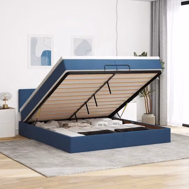 Letto con contenitore a sollevamento vidaXL in tessuto blu e bianco con illuminazione sottostante e porta USB L 200 x P 200 x H 280 cm – 1