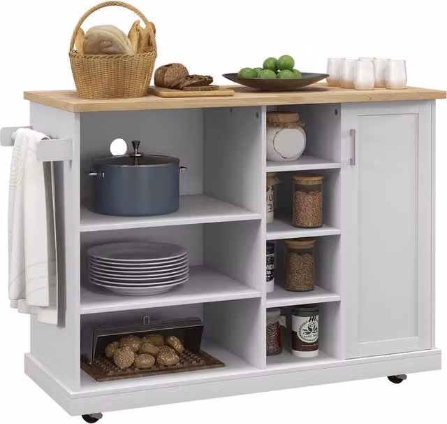 Carrello da cucina con ruote XYLO in legno bianco con 7 scomparti e 1 anta, L: 129 cm, P: 51 cm, H: 93 cm