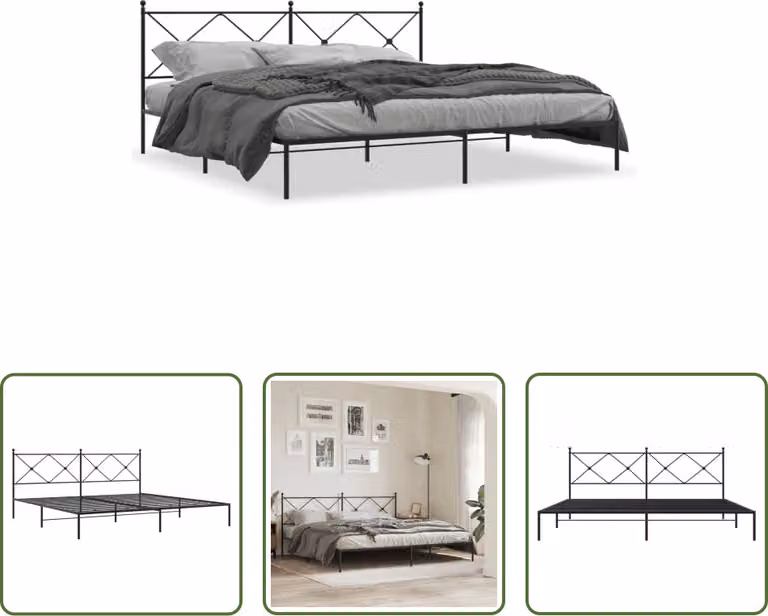 The Living Store Struttura letto con testiera in metallo nero 193x203 cm