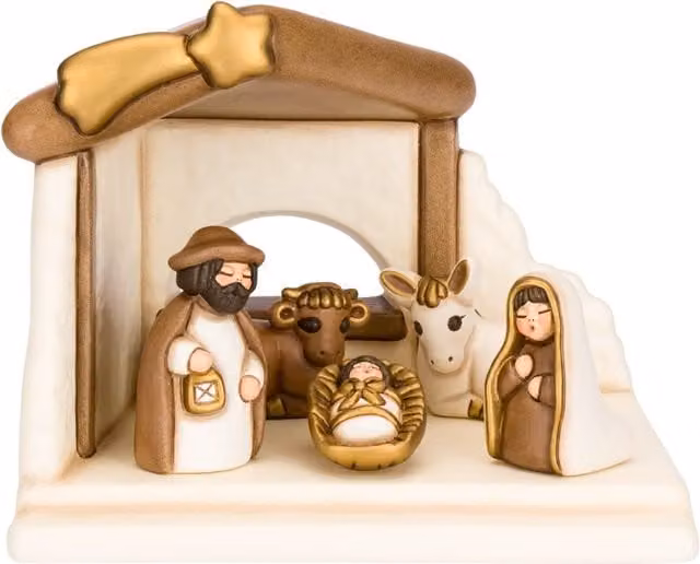 Set capanna Sacra Famiglia con bue e asinello Thun in ceramica bianca