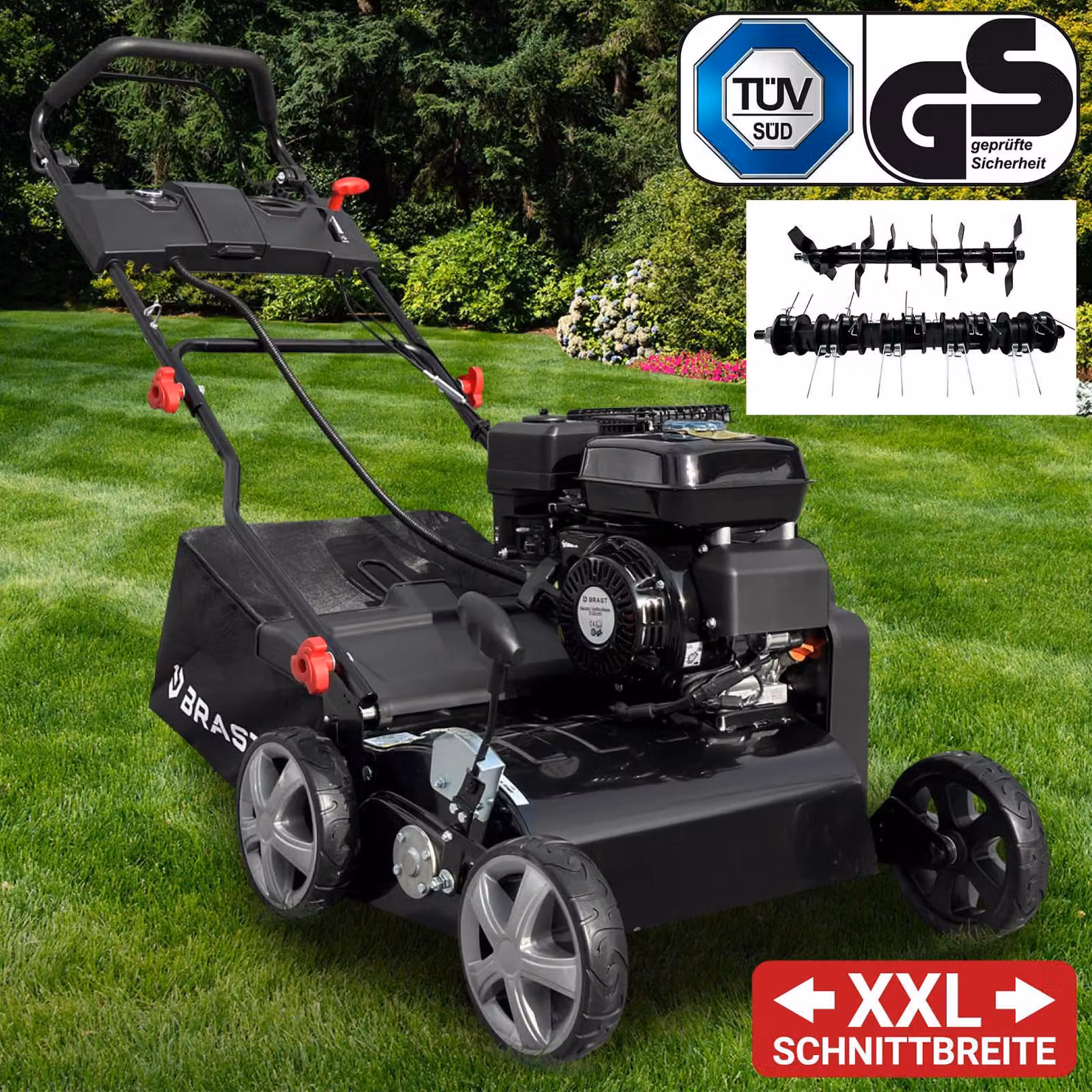 Scarificatore a benzina BRAST 4,5 kW (6,12 CV) | Motore a 4 tempi da 212 cm³ | Larghezza di lavoro 40-45 cm | Cesto di raccolta da 50 litri | Numerosi modelli per prati di piccole e grandi dimensioni | BRB-RV-45212 Estart