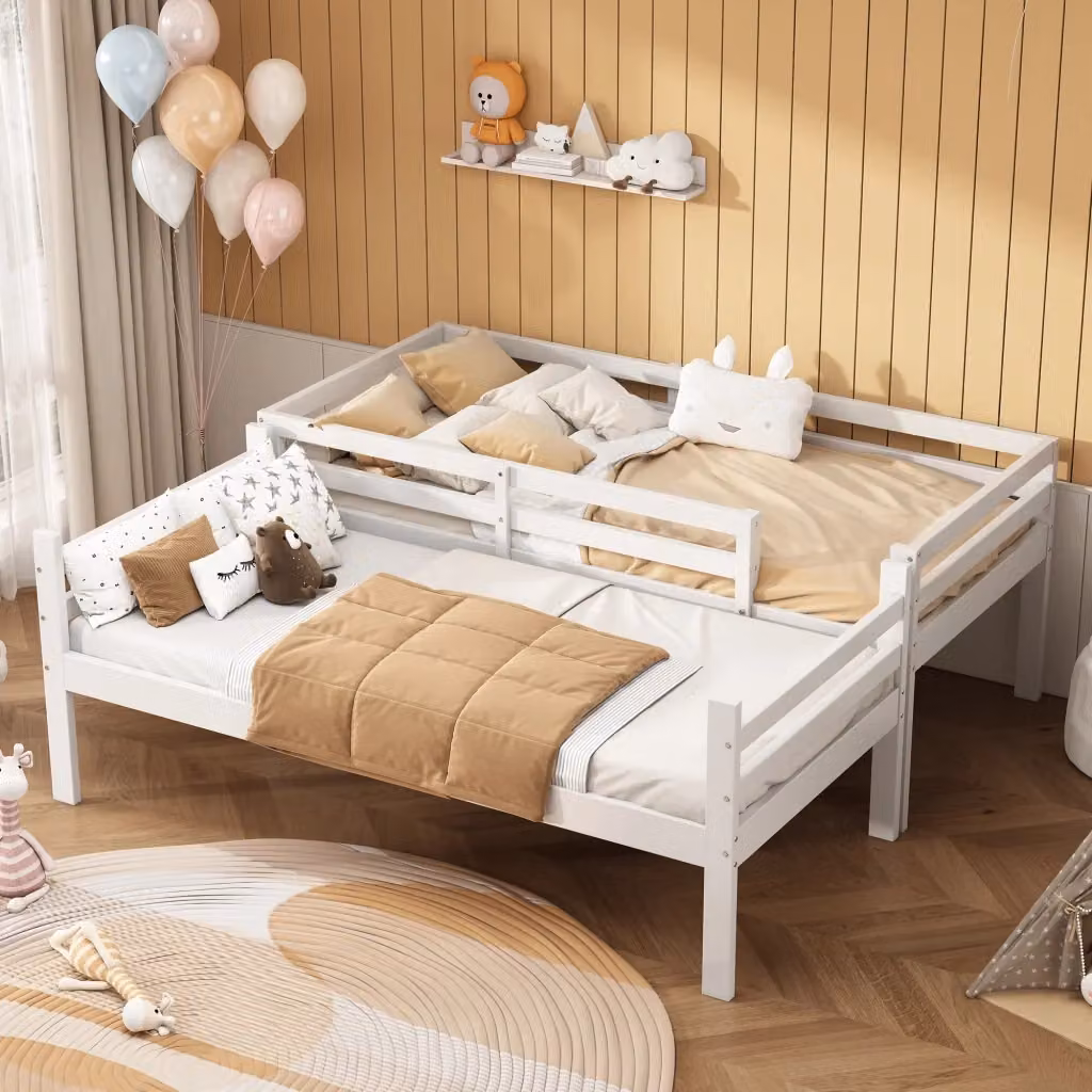 Letto a castello OKWISH per bambini in legno di pino bianco, divisibile in due letti singoli con scala e barriera, L/P/H: 200 x 90 x 158 cm – 2