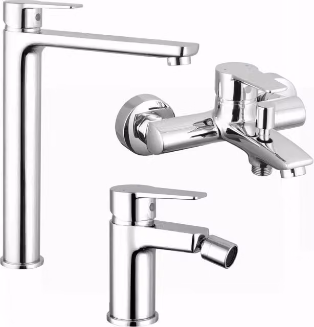 Set di miscelatori Jane in ottone cromato per lavabo alto, bidet senza scarico ed esterno vasca con rubinetto a due maniglie color argento