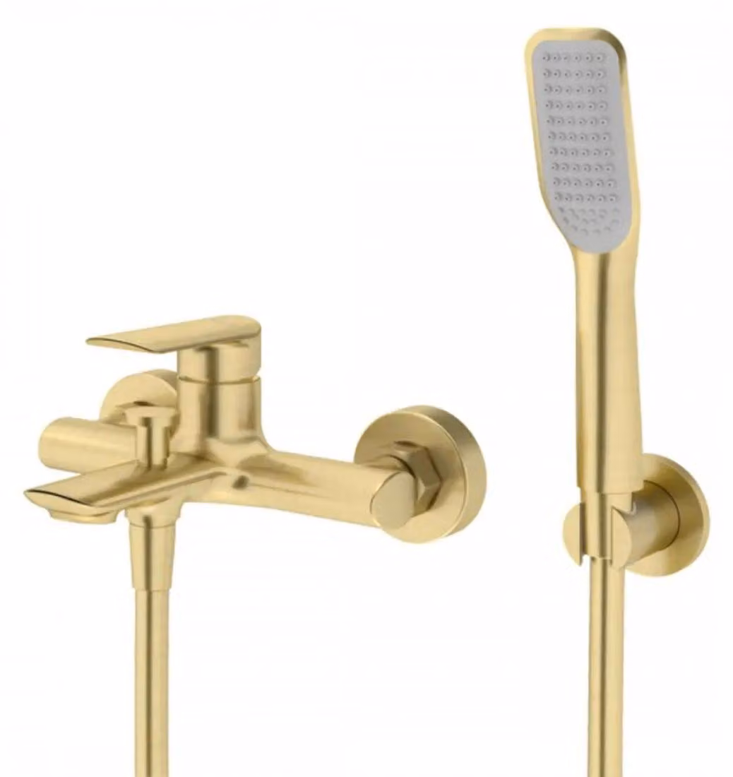 Rubinetteria per vasca da bagno con doccetta, finitura oro spazzolato