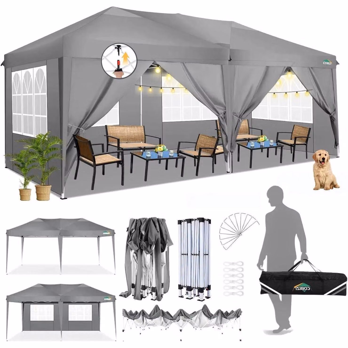 Gazebo da esterno 3x6 metri, grigio, impermeabile, con protezione UV 50+ e dotato di 6 pannelli laterali
