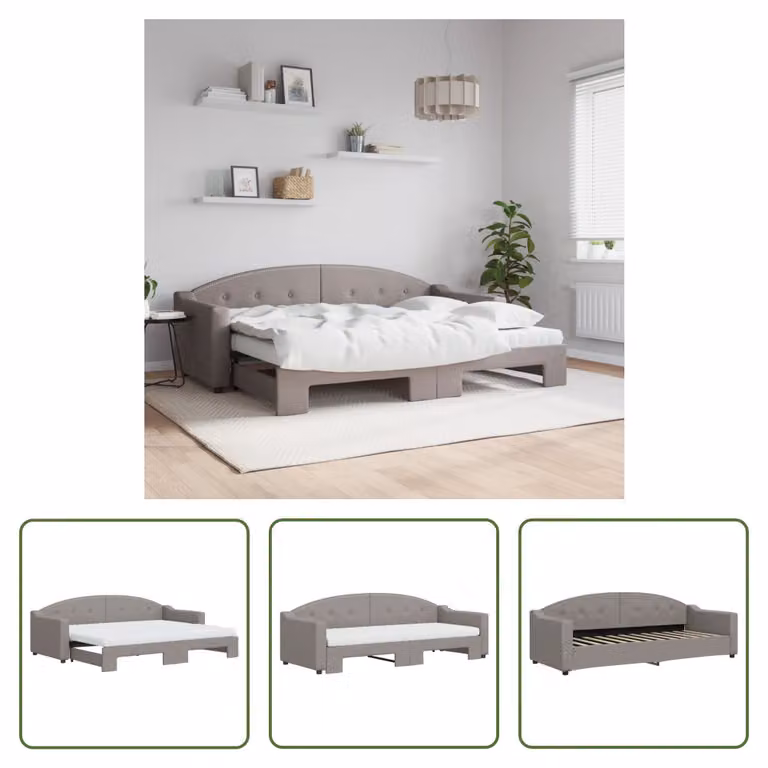The Living Store Letto da giorno allungabile con materassi Taupe 80x200 cm in tessuto