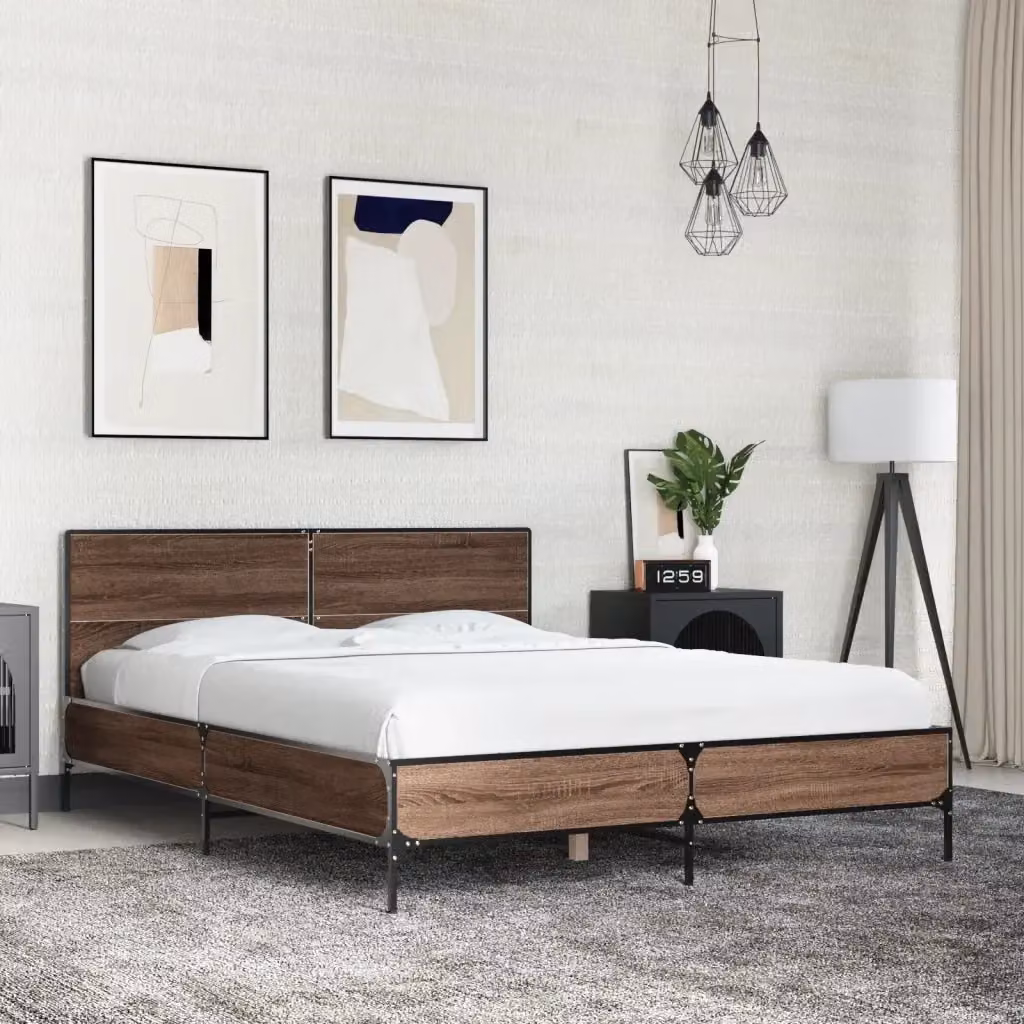 Letto matrimoniale in stile industrial con struttura in legno e metallo, colore rovere marrone, L/P/H: 200 x 120 x 80 cm – 2