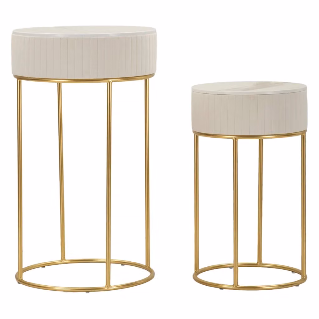 Set di 2 tavolini da salotto Davapa, design rotondo con finitura lucida, colore bianco crema e oro, L/P/H: 50 x 50 x 90 cm – 2