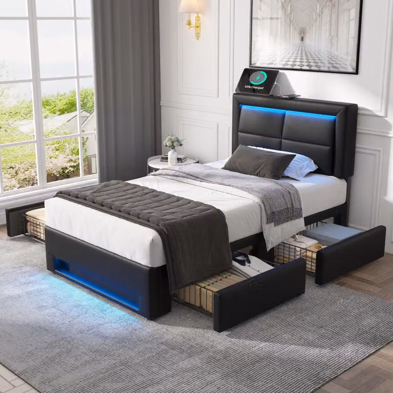 OKWISH Letto singolo 90x190 cm con 4 cassetti e vano portaoggetti - Letto singolo imbottito inPoliuretanocon porte USB e illuminazione a LED - Nero