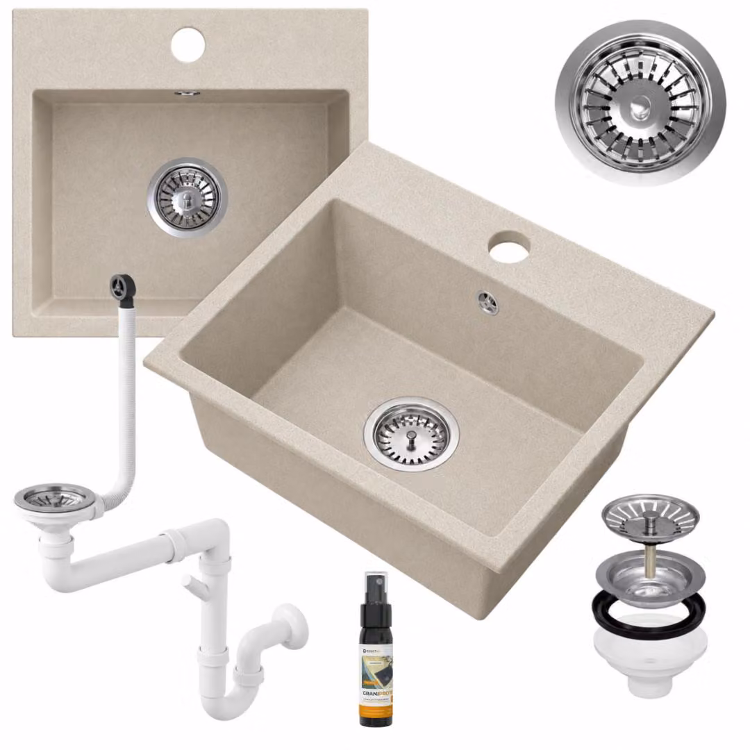 Granitan - Lavello in granito - Lavello da cucina - 42x45x15 cm - Beige - con sifone - Lavello - MILOS