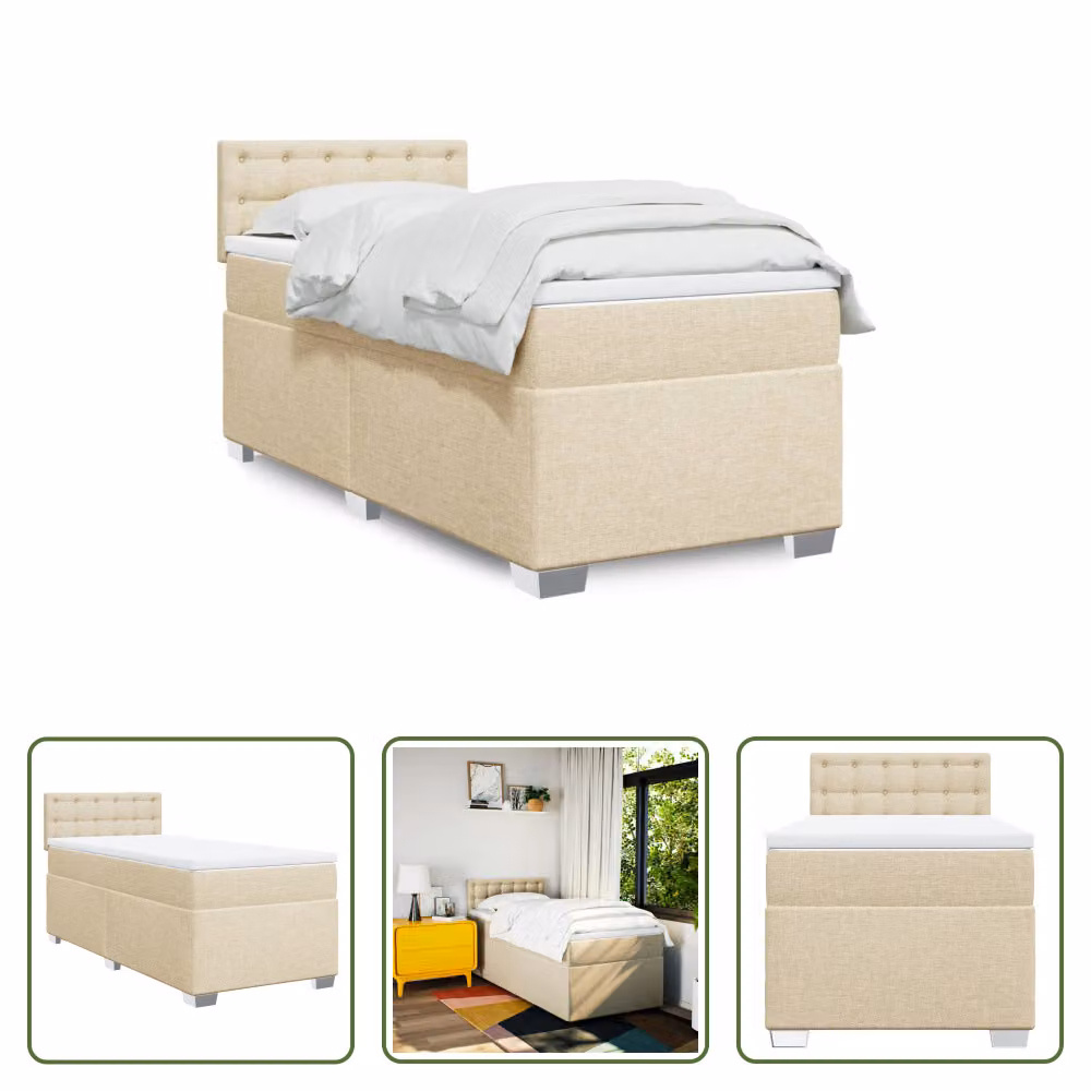 The Living Store Letto a molle con materasso crema 100x200 cm in tessuto