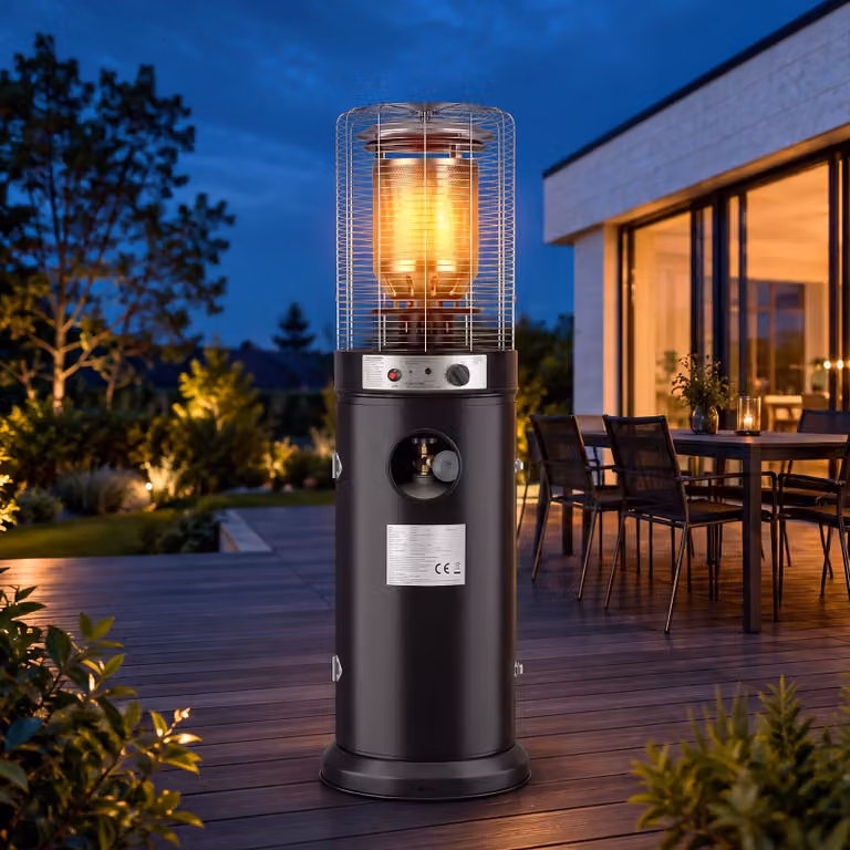 Riscaldatore a gas per esterni ZMH, 10 kW, ideale per terrazze, dimensioni Ø46x136 cm. Dotato di ruote. Riscaldatore per terrazze, con bombola del gas da 15 kg. Stufa a gas con copertura protettiva, adatta per balconi e giardini