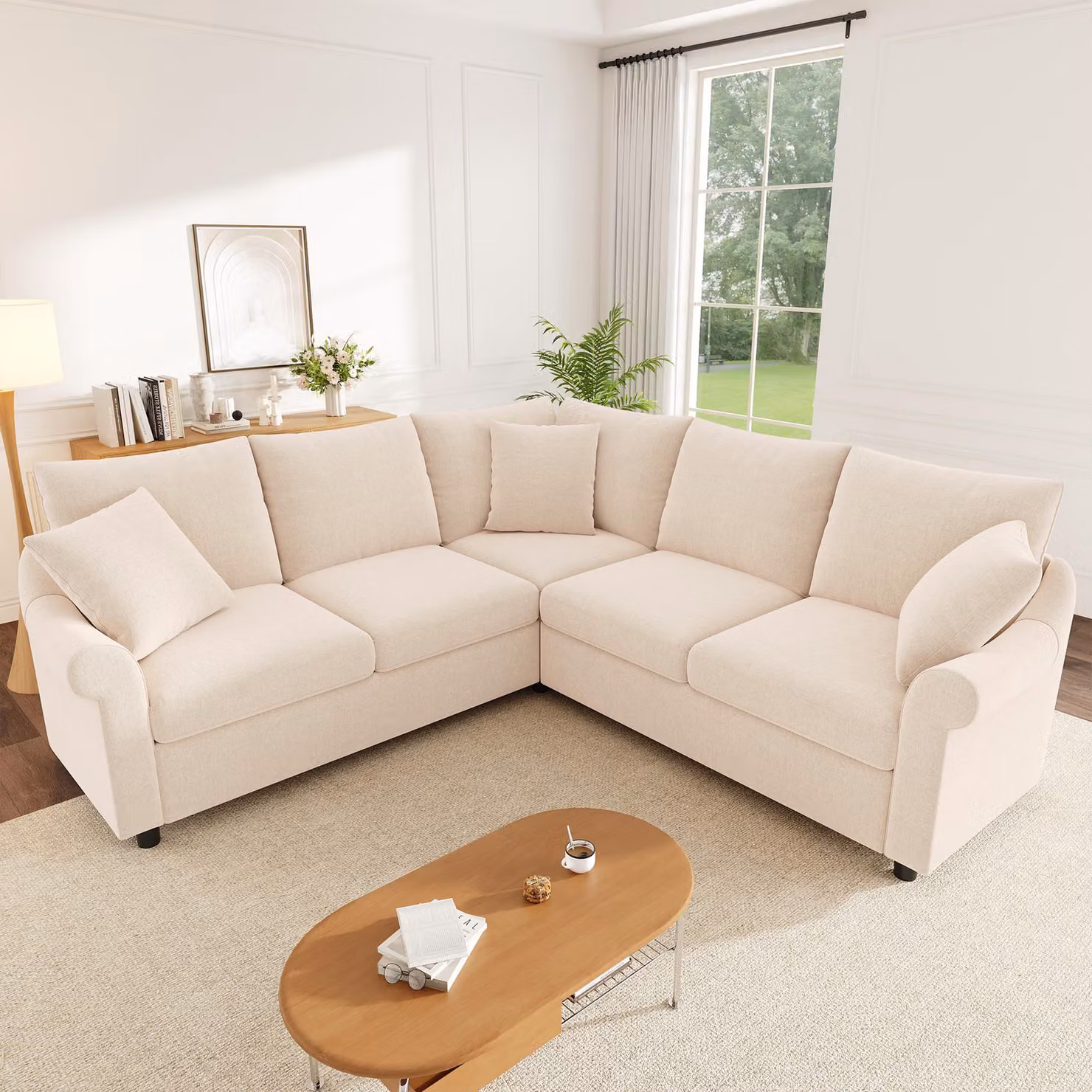 Divano angolare a forma di L, divano letto con meccanismo per trasformazione in letto e contenitore per biancheria, divano a 5 posti, dimensioni 217 x 217 x 83 cm, colore beige, tessuto chenille
