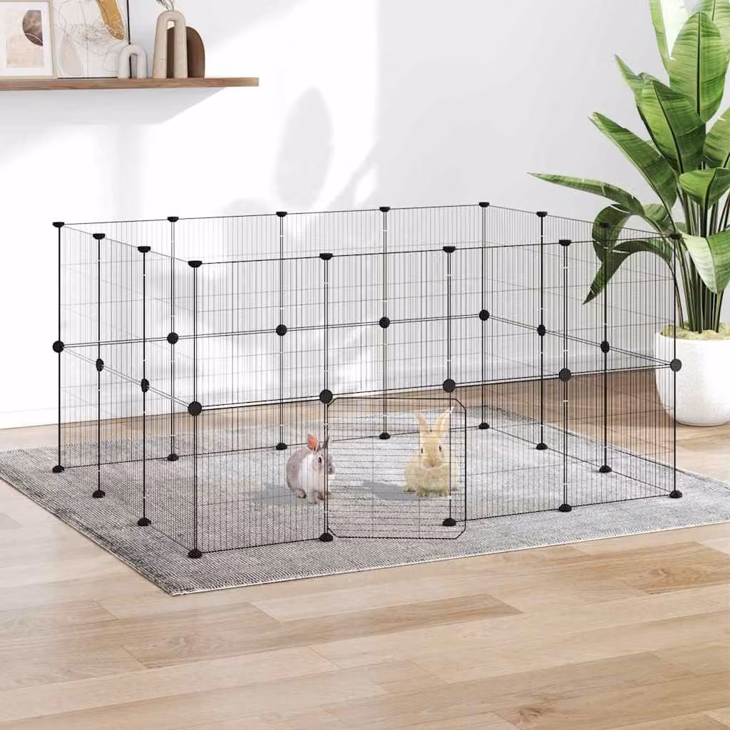 Gabbia per animali vidaXL in acciaio con 28 pannelli e porta, colore nero, L 140 cm x P 105 cm x H 70 cm
