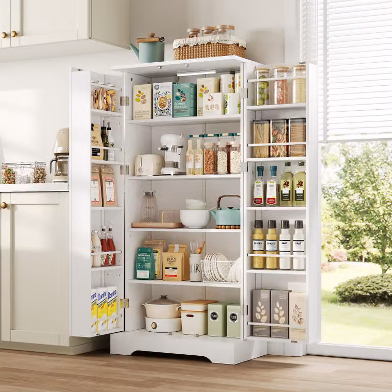 STILVORA Credenza da cucina con ripiani regolabili in altezza, mobile multiuso con illuminazione a LED con sensore di movimento, mobile alto con doppia anta e dispositivo anti-ribaltamento, bianco