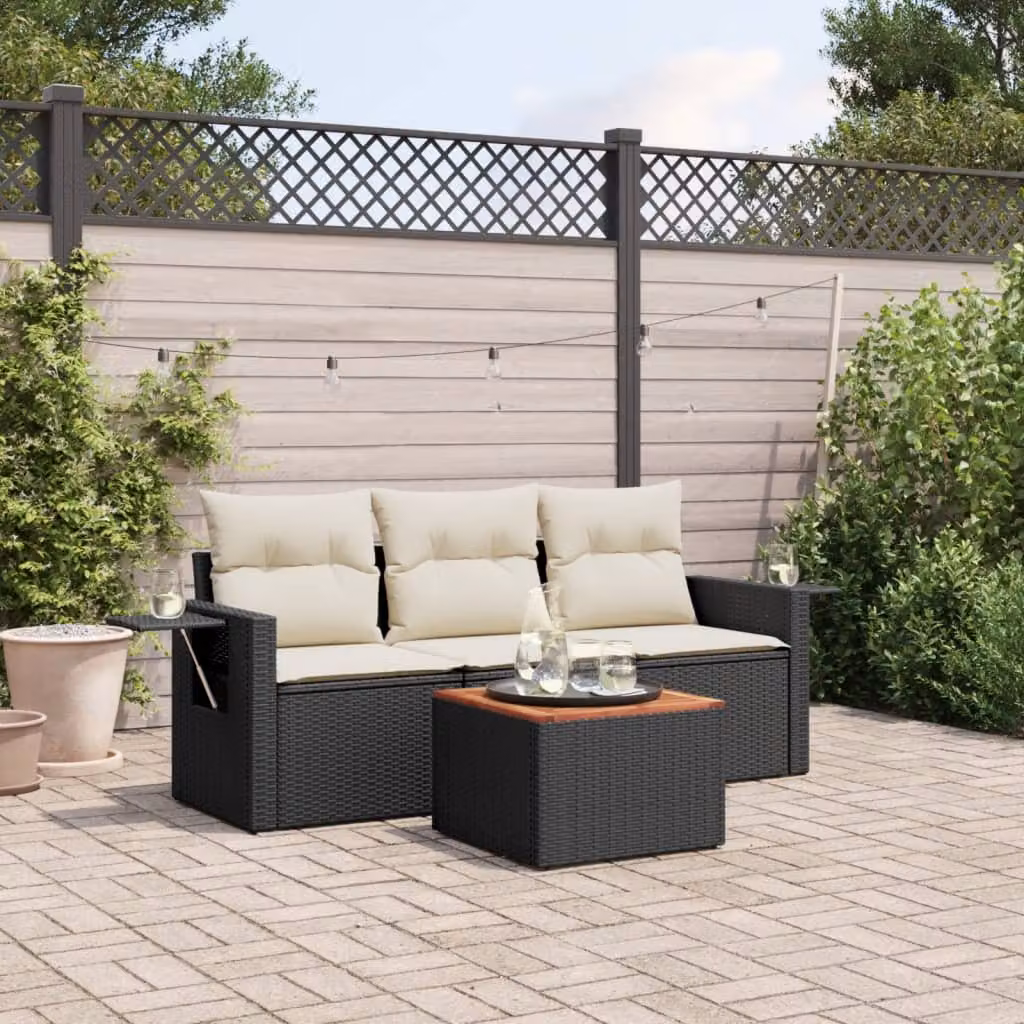 Set di divani da giardino vidaXL in 4 pezzi con cuscini in polyrattan nero e struttura in metallo per esterno – 1