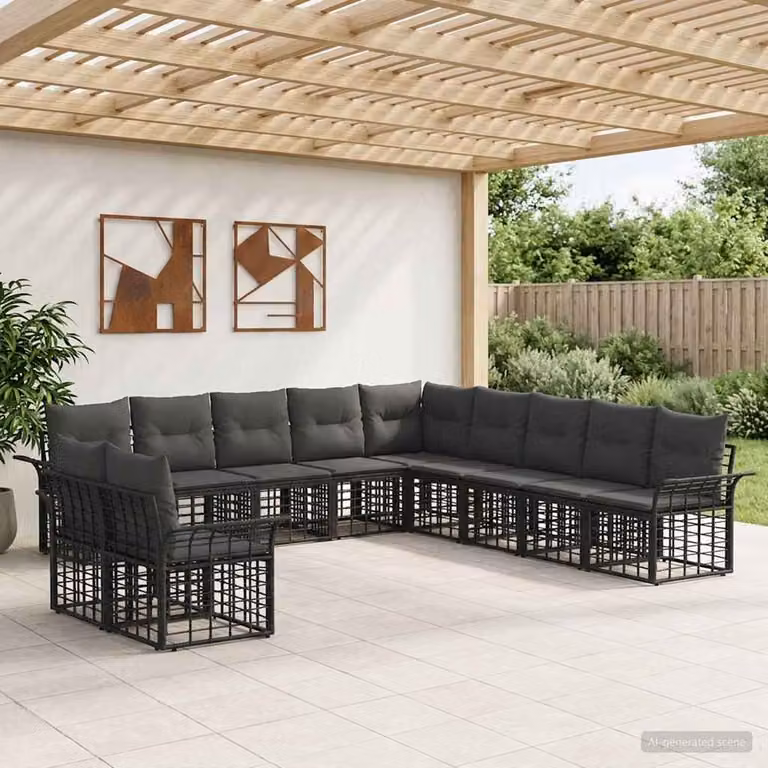 Set di divani da esterno vidaXL 11 pezzi a forma di U in stile rustico, colore nero e grigio, con struttura in metallo e cuscini inclusi