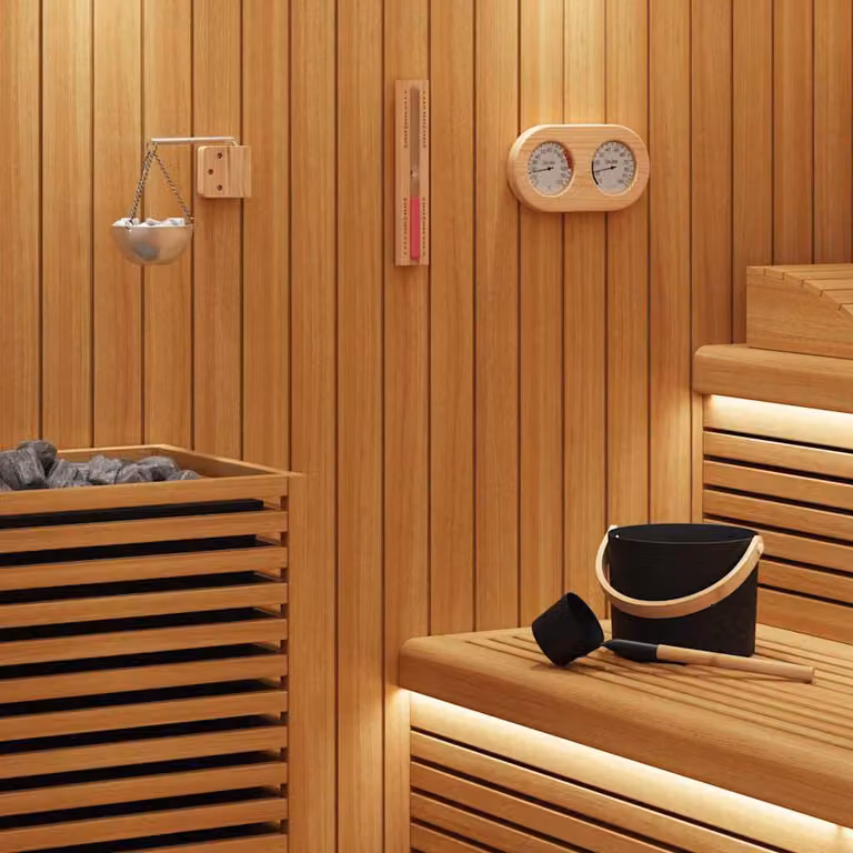 Set di accessori per sauna vidaXL composto da 5 pezzi in legno e alluminio, colore nero