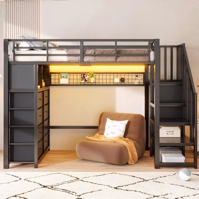 Letto a soppalco 90x200 con 8 cassetti; scala contenitore; LED a 7 colori; struttura in metallo nero per cameretta
