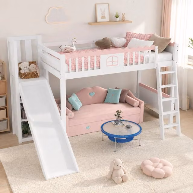 Letto a soppalco singolo MIVRAY con scivolo, illuminazione LED, tre ripiani e sponde in legno e MDF bianco, L/P/H: 200 x 90 x 188,5 cm