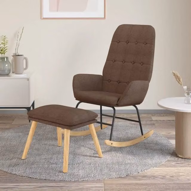 Poltrona a Dondolo con Poggiapiedi vidaXL in Tessuto Beige e Marrone con Struttura in Legno di Gomma e Metallo