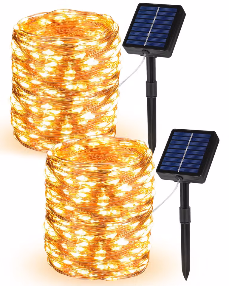 Catena luminosa solare da 20 metri, con 200 LED, 8 modalità, luce bianco caldo, confezione da 2