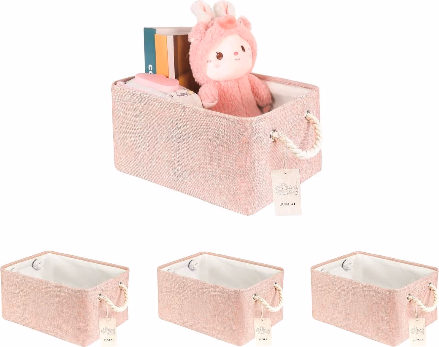 Cesto portaoggetti pieghevole, confezione da 4, rosa, con maniglie, ideale per riporre vestiti e giocattoli
