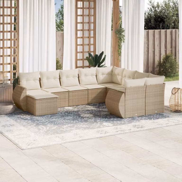 vidaXL Set Divano da Giardino 10 pz con Cuscini Beige in Polyrattan e Acciaio