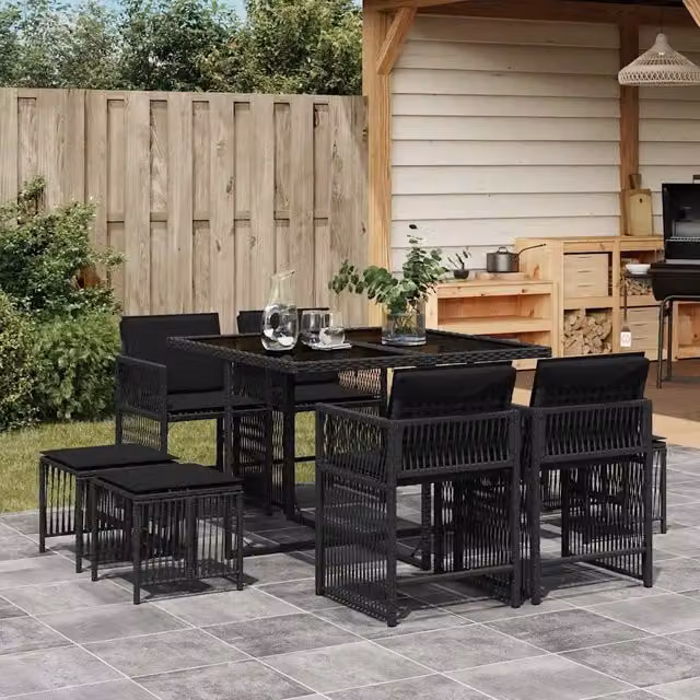 Set da Pranzo da Giardino 9 pz con Cuscini Nero in Polyrattan 3211675