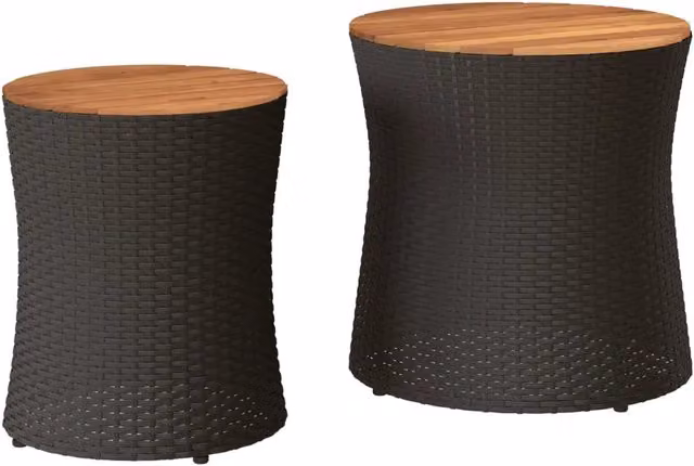 Set di 2 tavolini da giardino moderni in polyrattan nero con piano in legno di acacia oliato e base centrale rotonda – 1