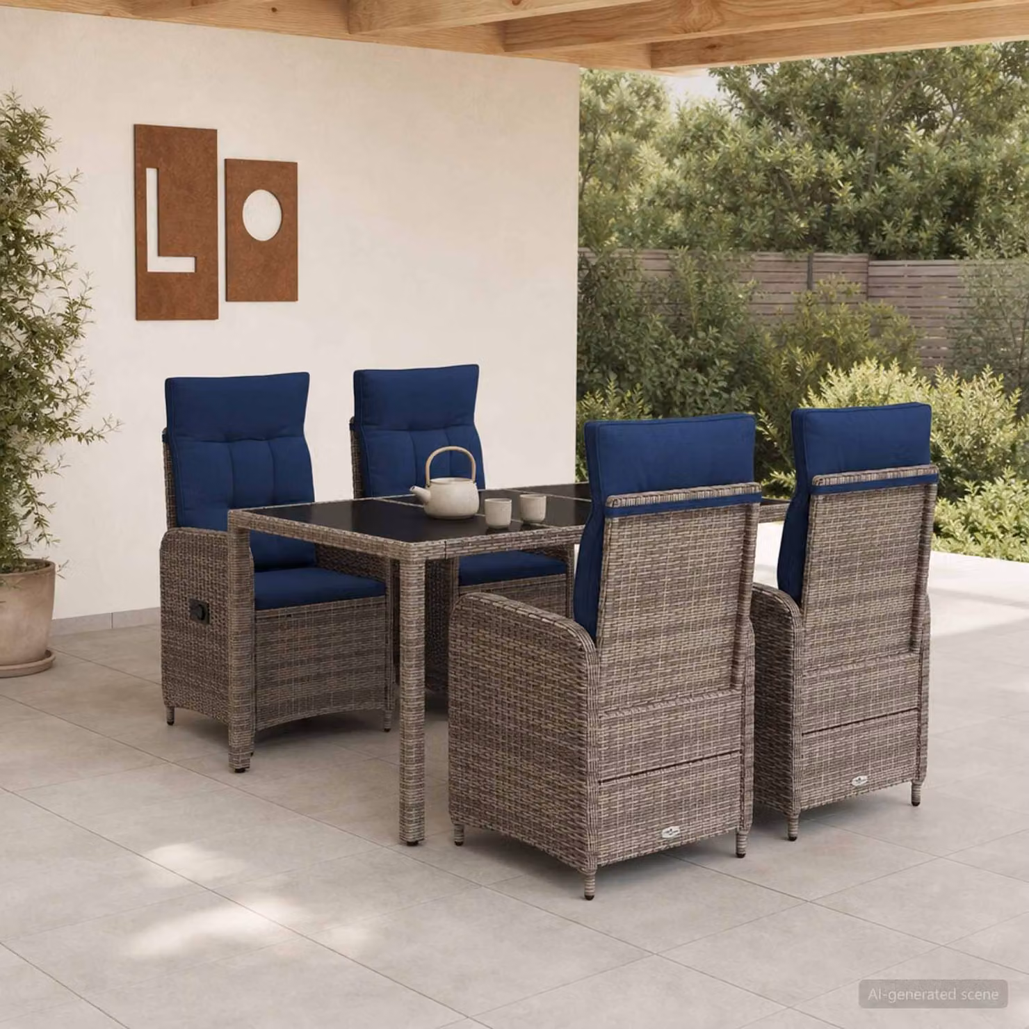 Set da pranzo per esterni vidaXL in polyrattan e vetro da 5 pezzi, moderno, grigio o blu, L: 150 cm, P: 90 cm, H: 75 cm