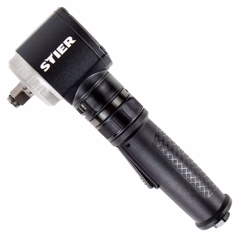Avvitatore a impulsi pneumatico ad angolo retto STIER 19-WSS, extra corto ca. 67 mm, quadro 1/2 pollice, coppia max. 325 Nm, meccanismo di percussione a martello, angolare, rotazione in senso orario a tre fasi e rotazione in senso antiorario a una fase