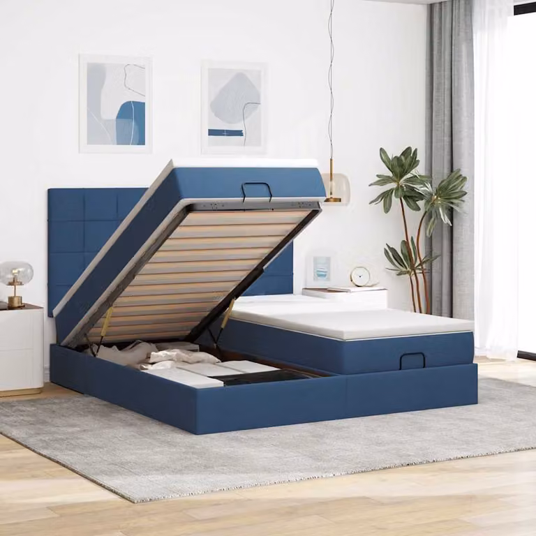 vidaXL Struttura Letto con Contenitore e Materasso in Tessuto, Blu e Bianco, L/P: 200 x 200 cm