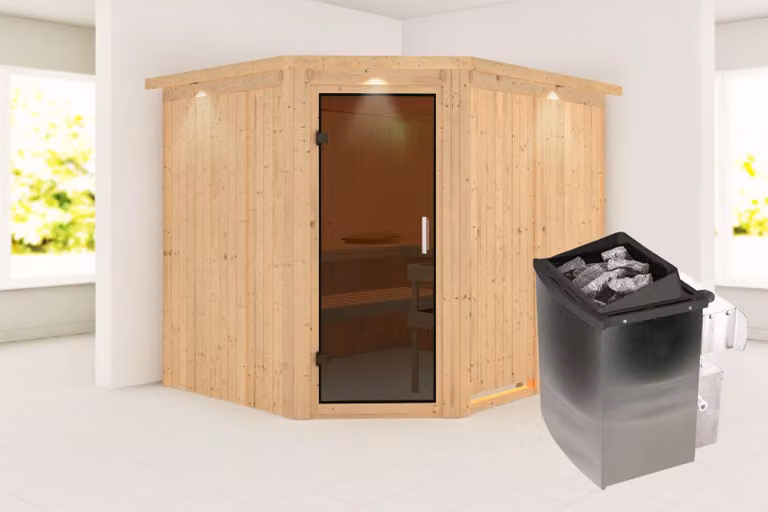 Karibu sauna cabina interna Malin sauna interna 3 panche in legno, cabina sauna con spessore parete 68 mm, sauna a vapore con materiale di montaggio