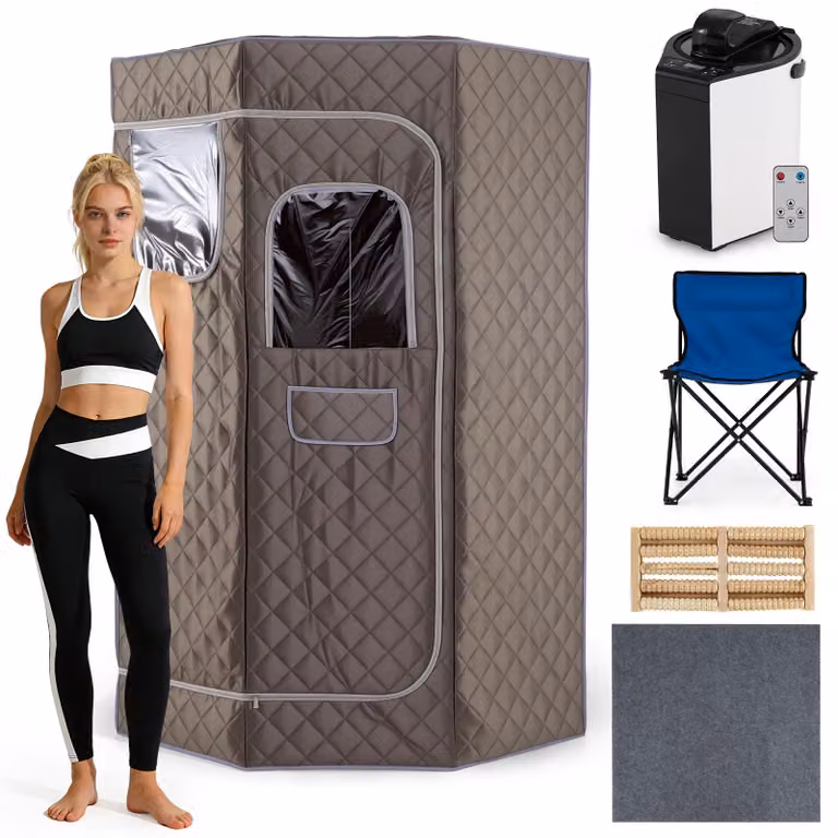 COSTWAY, sauna a vapore da 3 litri, sauna domestica a 9 livelli, tenda per sauna con timer, cabina sauna per tutto il corpo con generatore di vapore da 3 litri, massaggiatore per i piedi in legno e sedia pieghevole, colore grigio