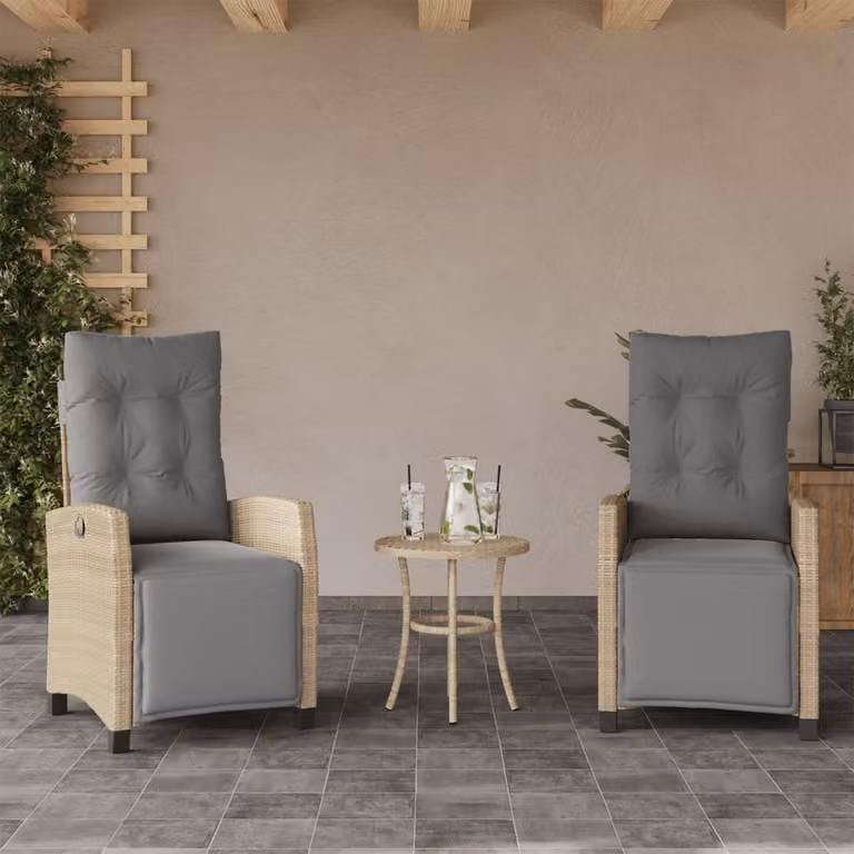 Set di 2 sedie da giardino reclinabili con poggiapiedi vidaXL in polyrattan beige e grigio con braccioli