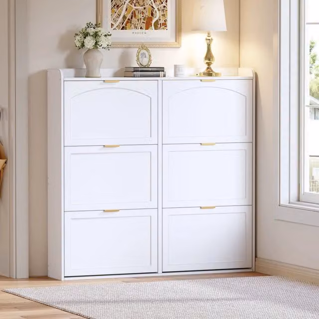 Scarpiera con 6 vani a ribalta e divisori regolabili, per ingresso, in MDF e truciolare bianco, 120 × 23 × 118 cm