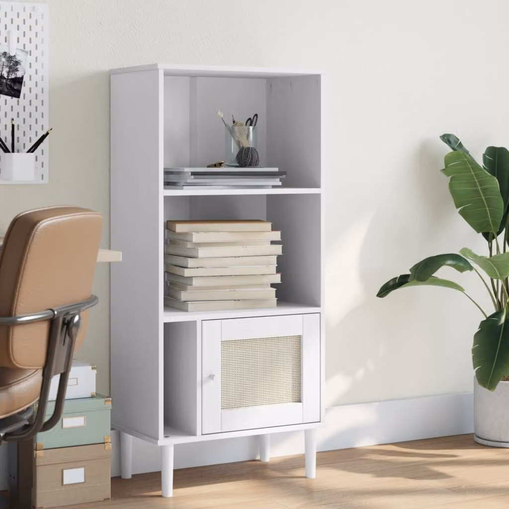 Credenza vidaXL SENJA in legno di pino massello con aspetto rattan, colore bianco, L 60 cm x P 35 cm x H 130 cm