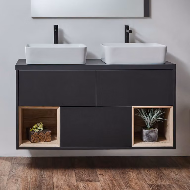 Mobile Bagno Sospeso Grigio Nero Con Ripiano Aperto 1200mm - Lavabo Rettangolare