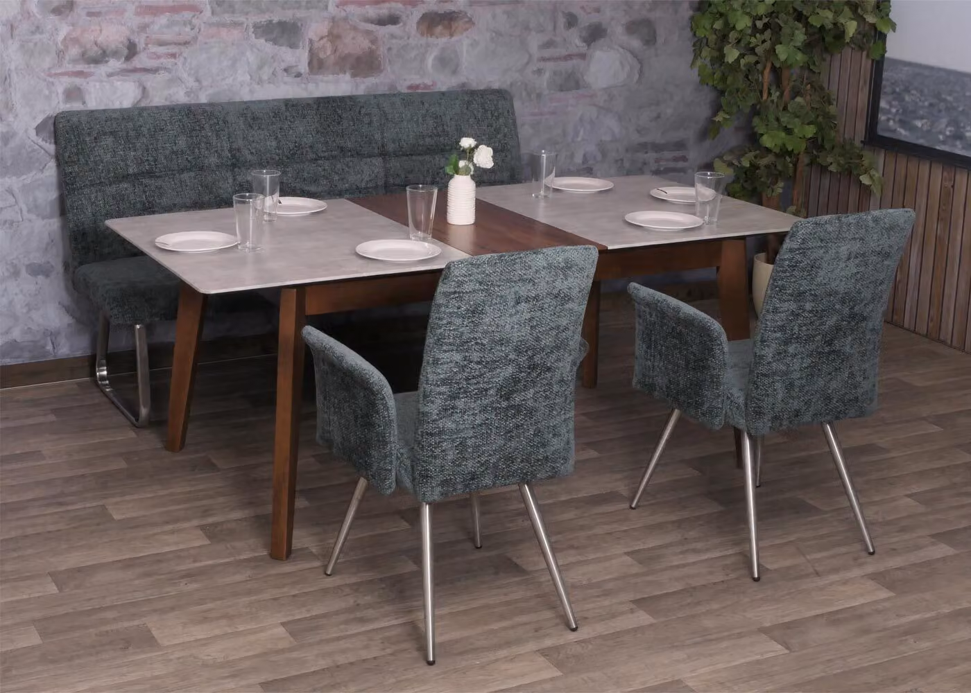 Set da pranzo HWC-G55, set di 2 sedie con braccioli + panca 180cm, acciaio inox spazzolato tessuto/ceniglia tessile ~ blu-verde