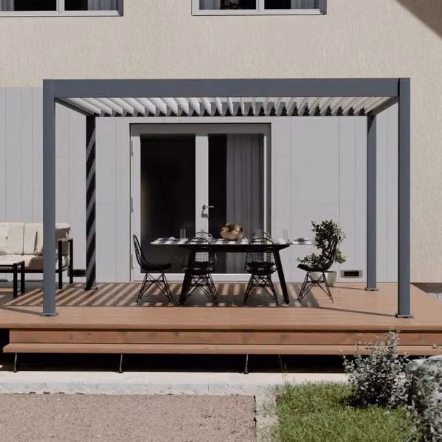Pergola bioclimatica motorizzata autoportante Ombrea ELMO L: 400 cm, P: 300 cm, Colore Antracite e Bianco