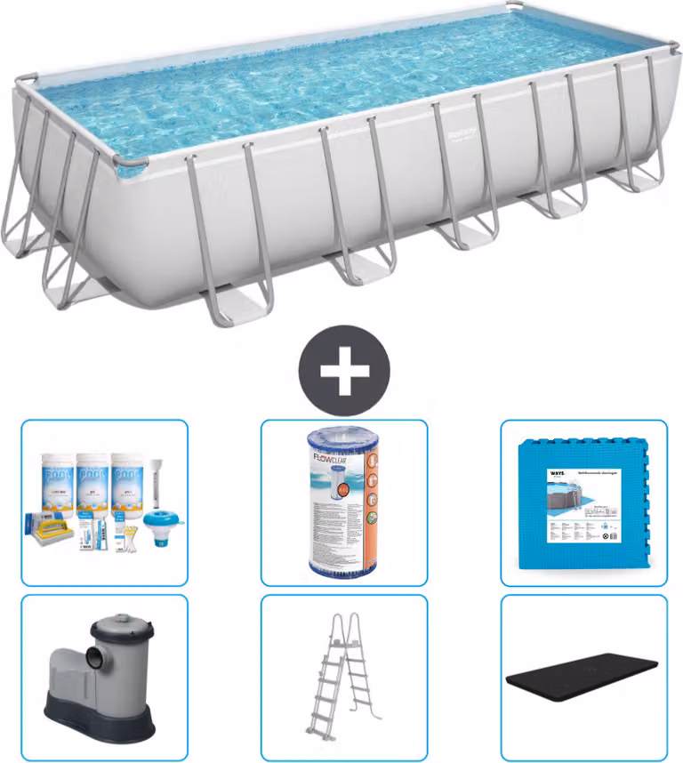 Piscina rettangolare Bestway Power Steel - 640 x 274 x 132 - Grigio - compresa pompa - scaletta - copertura pacchetto manutenzione - filtro - pavimento in piastrelle