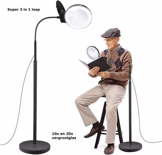 Lampada da pavimento LED Verglassio con ingrandimento 10x e 20x, luce regolabile per lettura e cucito, colore Nero