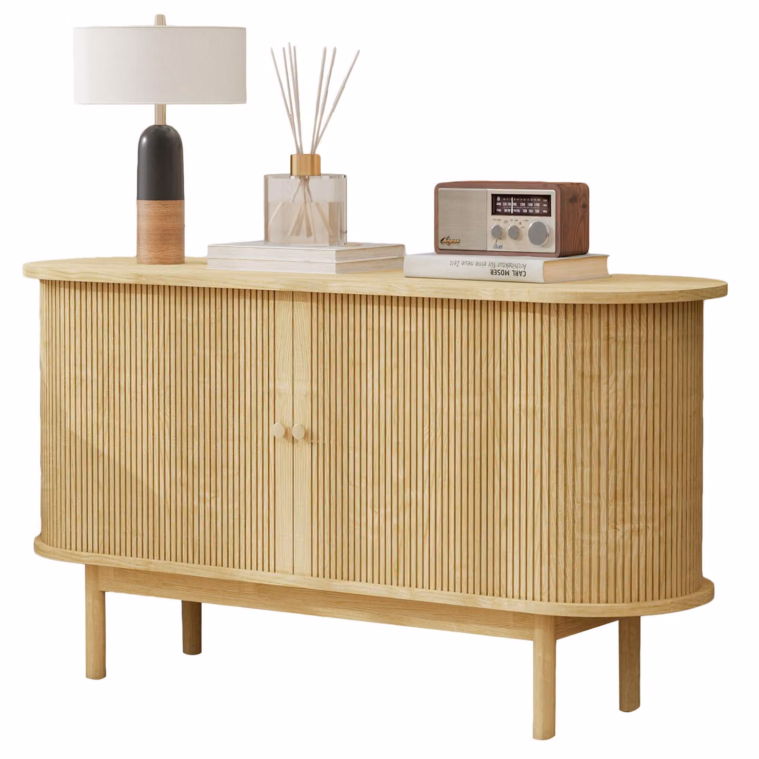 AIORBER Credenza retrò in legno, cassettiera a doghe con ante scorrevoli e gambe in legno di pino, mobile da 138 cm con ripiani regolabili, rovere chiaro