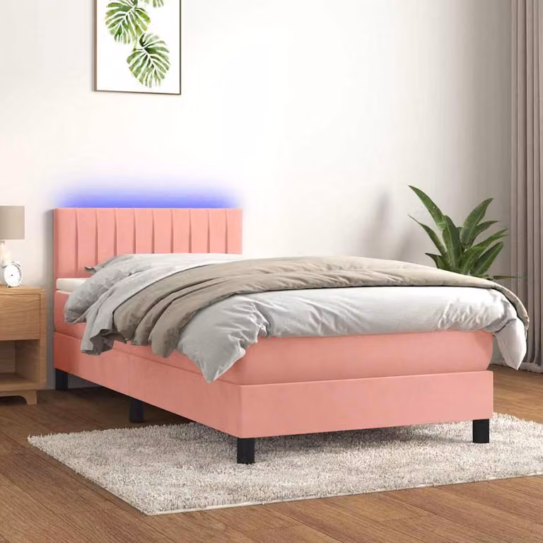 Letto a Molle con Materasso Ibrido vidaXL in Velluto Rosa con Illuminazione LED e Porte USB L/P/H: 100 x 200 cm